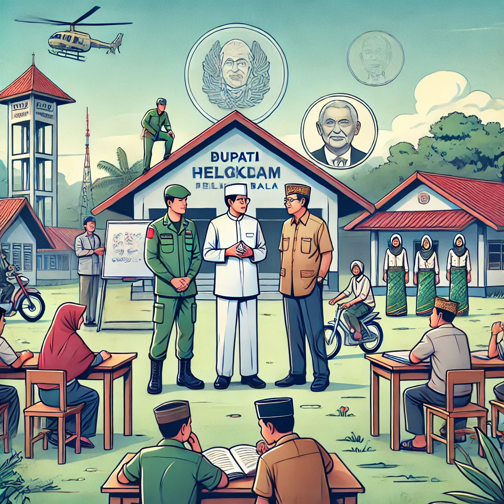 Ilustrasi kunjungan Bupati Gregorius Herkulanus Bala ke PKBM Siloam di Desa Mengkirai, Sintang, dengan suasana diskusi bersama kepala sekolah dan masyarakat.