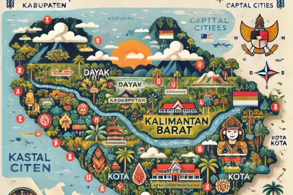 Peta Kalimantan Barat yang menampilkan 12 kabupaten dan 2 kota, lengkap dengan kode pos, ibu kota, dan ikon budaya seperti motif Dayak dan simbol Melayu.