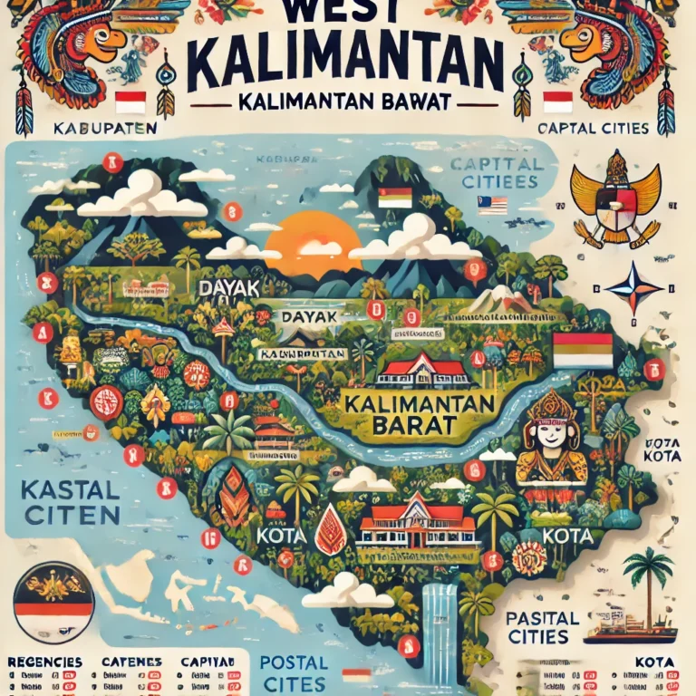 Peta Kalimantan Barat yang menampilkan 12 kabupaten dan 2 kota, lengkap dengan kode pos, ibu kota, dan ikon budaya seperti motif Dayak dan simbol Melayu.